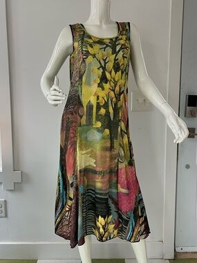 Artistic A line Midi Dress Boho  unique Nature print Made in Spain